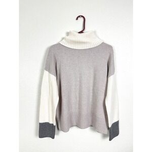 Garnet Hill Sweater Womens Small Gray Colorblock Merino Wool Cotton Turtleneck